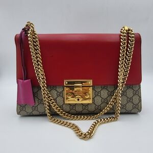 GUCCI GG Supreme Monogram Calfskin Medium Padlock Bag Beige Hibiscus Red,,,,,